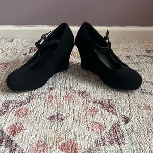 TOP Moda Black Wedge Mary Jane Heels with Ankle Strap